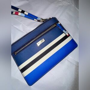 Kate Spade Laurel Way Tinie Wristlet Blue Stripe Zip Wallet Clutch